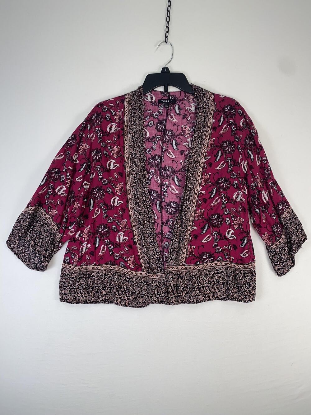 Torrid Kimono Blouse Womens 00/0 Pink Paisley Open Front 3/4 Sleeve Top